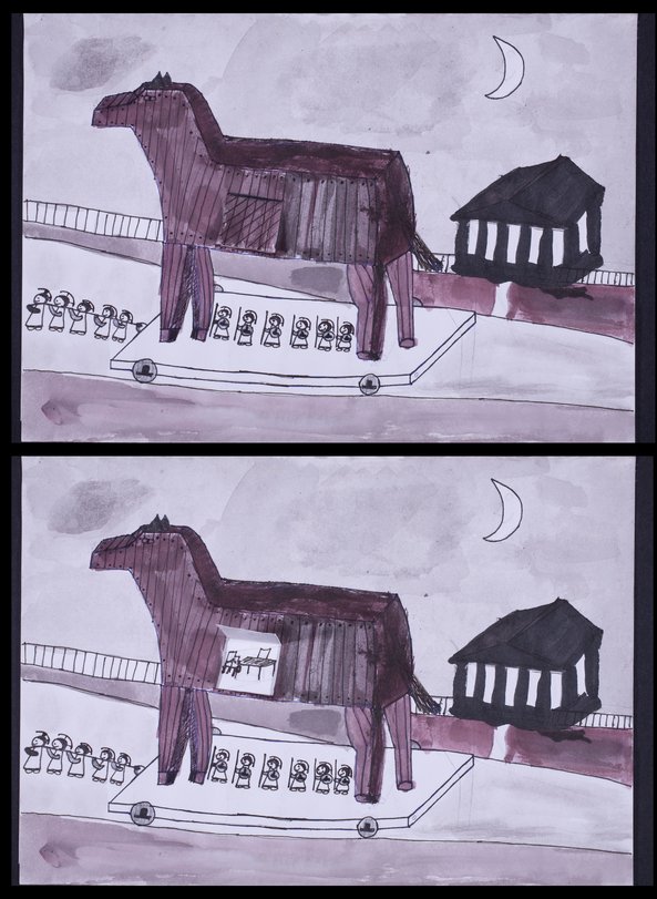 Archiv-Bild „Das trojanische Pferd (Lavierte Federzeichnung mit Klappen)“