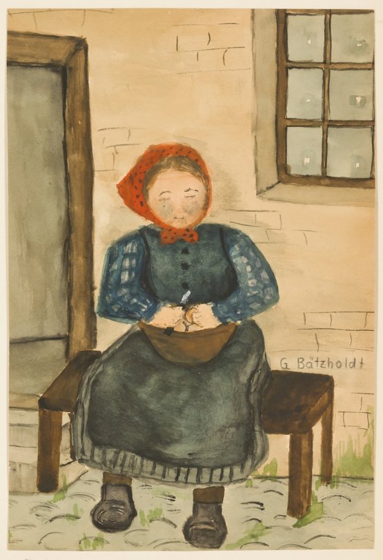 Archiv-Bild „Bäuerin beim Kartoffelschälen“