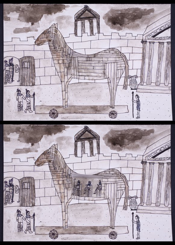 Archiv-Bild „Das trojanische Pferd (Lavierte Federzeichnung mit Klappen)“