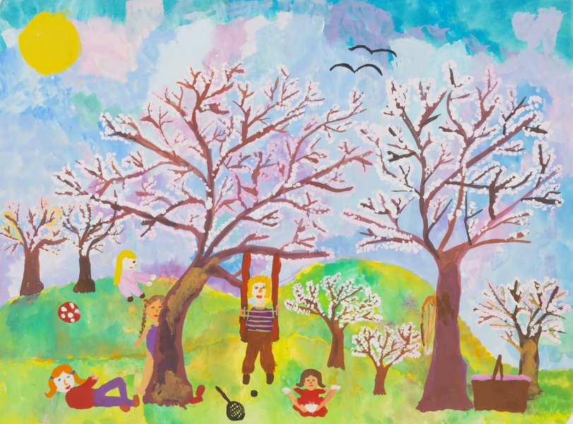 Archiv-Bild „Frühling – Spielende Kinder auf einer Wiese“