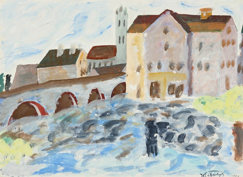 Archiv-Bild „Fluss und Brücke vor einer Stadt“