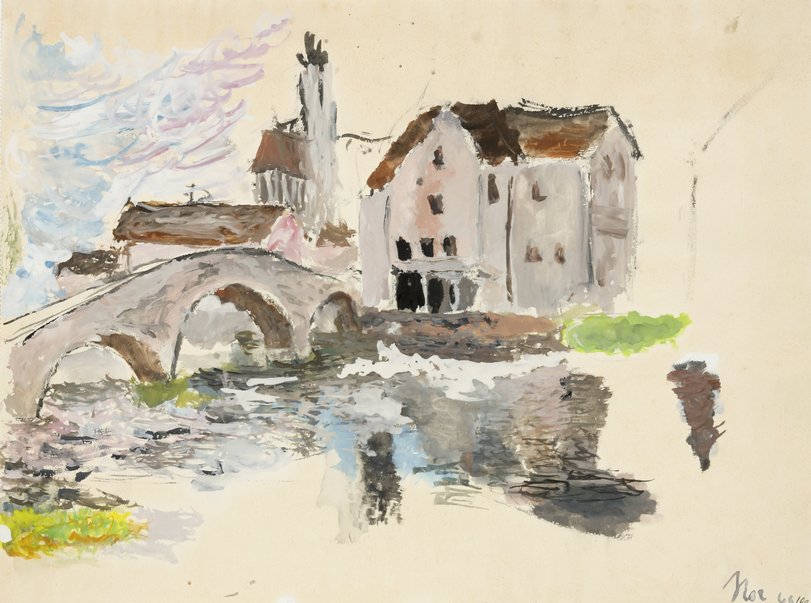 Archiv-Bild „Fluss und Brücke vor einer Stadt“