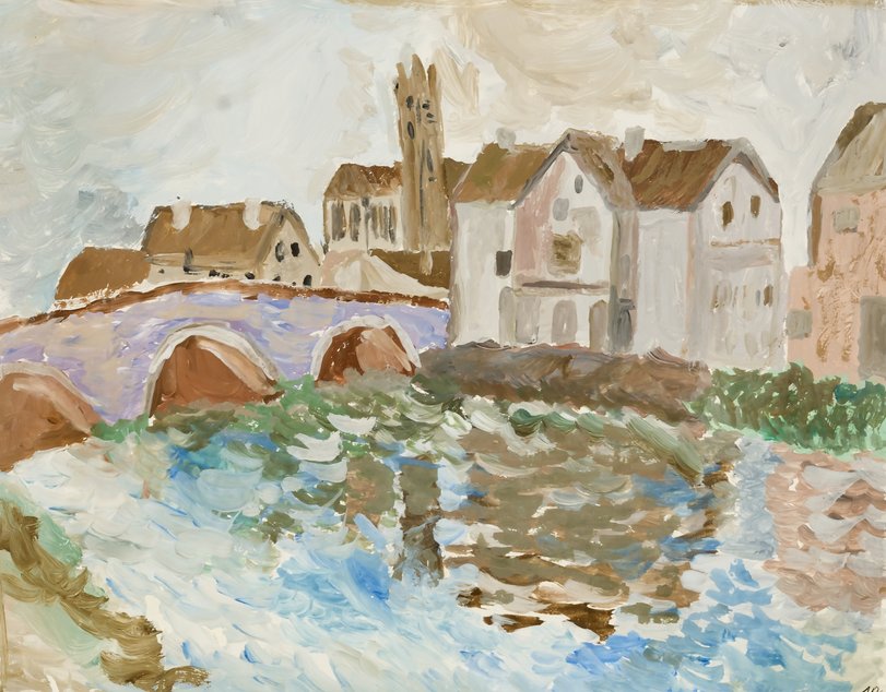 Archiv-Bild „Fluss und Brücke vor einer Stadt“