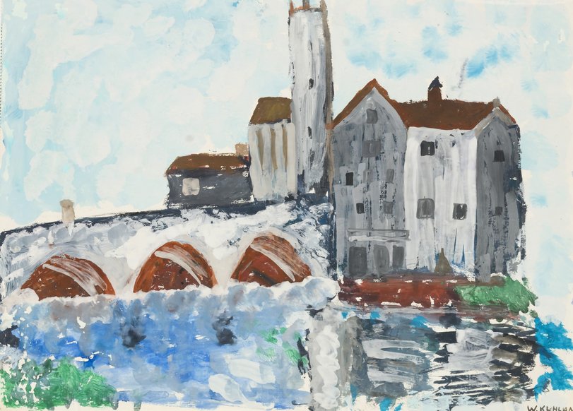 Archiv-Bild „Fluss und Brücke vor einer Stadt“