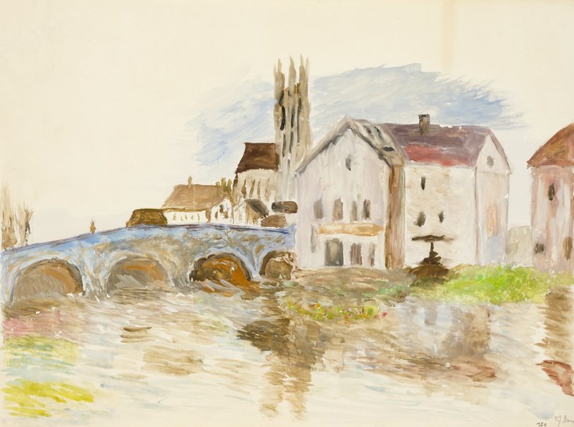 Archiv-Bild „Fluss und Brücke vor einer Stadt“