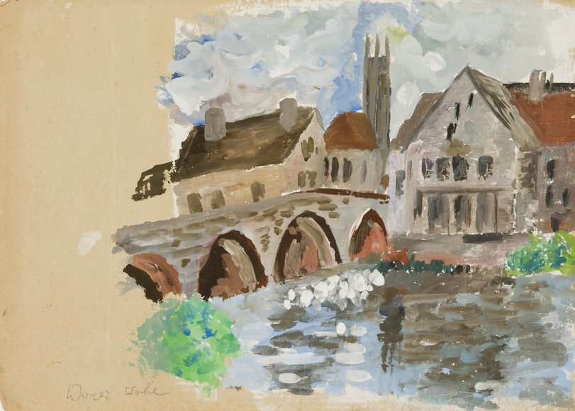 Archiv-Bild „Fluss und Brücke vor einer Stadt“