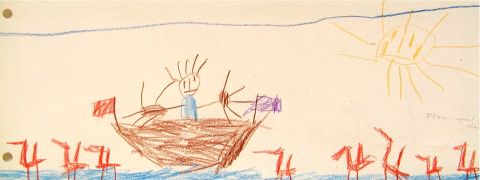 Archiv-Bild „Boot mit Flamingos und Reihern“