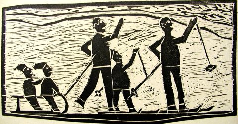 Archiv-Bild „Skiläufer mit Schlitten“