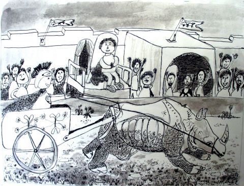 Archiv-Bild „Nashorn vor einem Streitwagen mit Zuschauern“