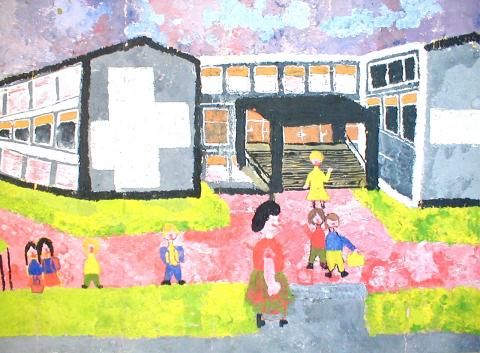 Archiv-Bild „Vor dem  Schulgebäude“