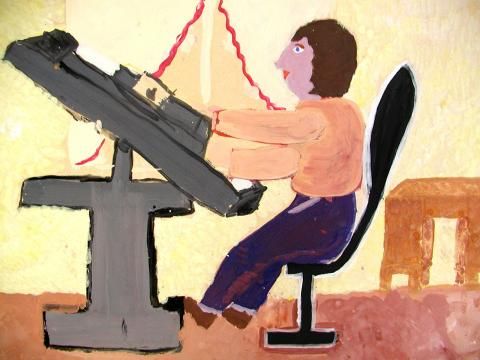 Archiv-Bild „Mutti arbeitet als technische Zeichnerin, sie zeichnet die Innenräume eines Hauses“