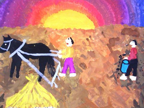 Archiv-Bild „Bei der Feldarbeit mit aufgehender Sonne“